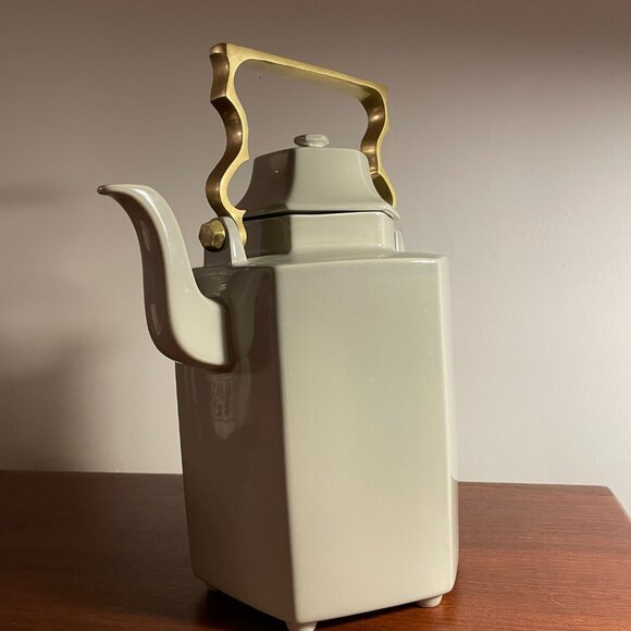 Mikasa Green Grey Hexagon Shaped Tea Pot Brass Handle Vintage 🫖 Théière Cafete - Picture 5 of 6